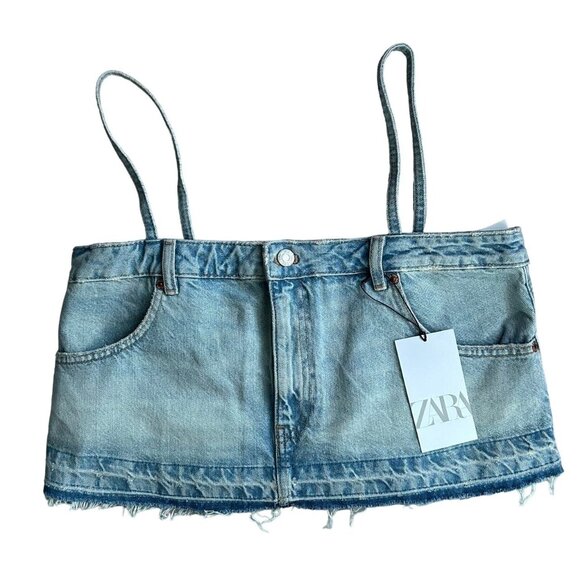 Zara Women's Denim Crop Tank Top With Adjustable Straps Size L - Picture 3 of 4